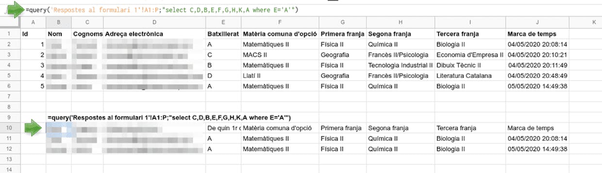 Hola compañeros,
Os querría hacer una pregunta sobre formularios, HdC+ i Google Data Studio.
He hecho un formulario para que los alumnos de 1r de bachillerato puedan escoger las materias de 2n de bachillerato. Cuando escogen en el formulario depende de la rama que quieran hacer aparecen unas materias u otras. Para que los alumnos puedan escoger correctamente y sin equivocarse he hecho 12 secciones al formulario.
Quiero generar un informe en Google Data Studio con esos datos y primero los tengo que arreglar con HdC+. El problema que tengo es que para cada respuesta tengo celdas vacías que tengo que eliminar antes de consolidar datos. La tabla está en la foto.
La pregunta es: HdC+ puede eliminar estas celdas vacías?
Muchas gracias!
Oriol