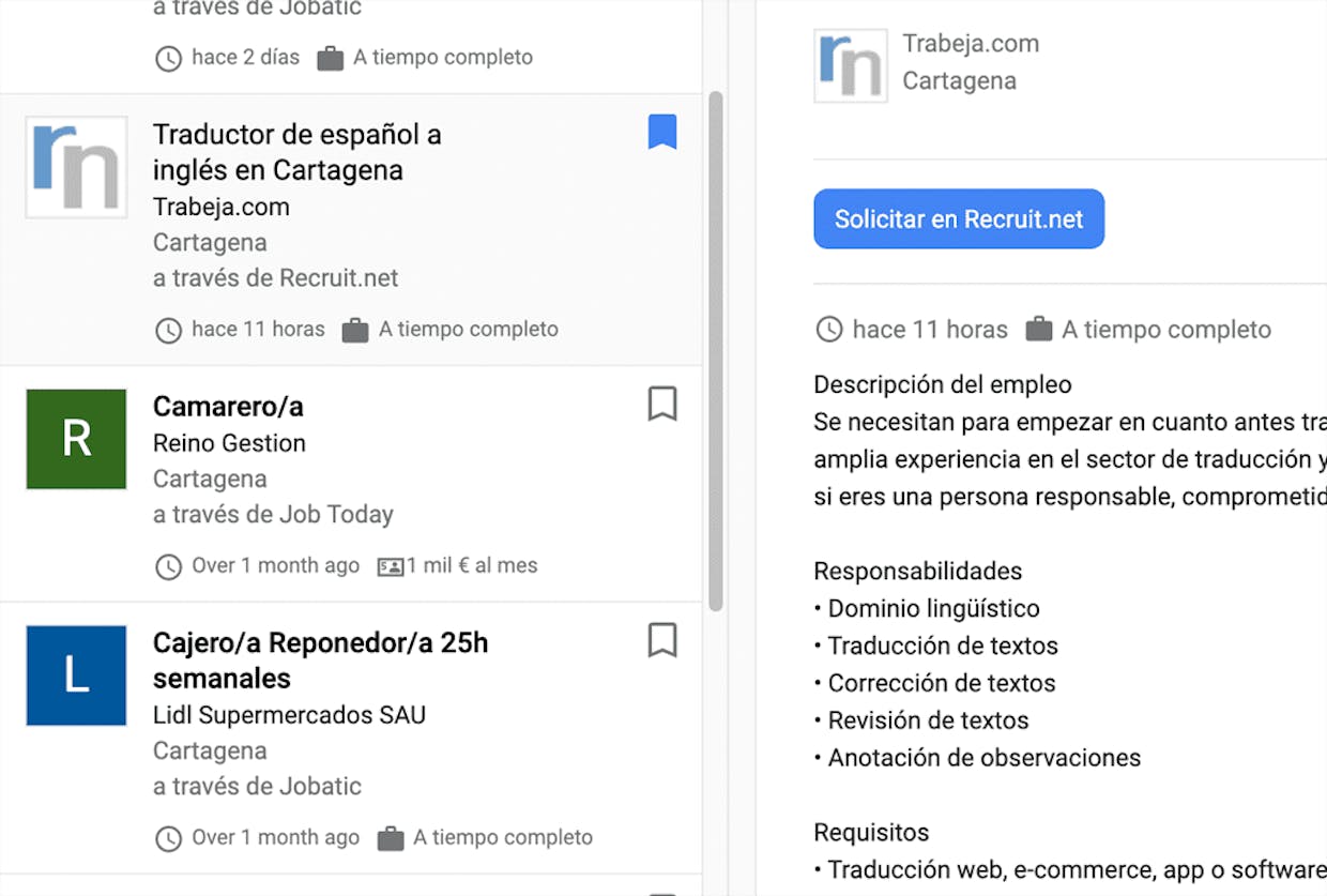Buscando 'jobs Cartagena' aparecen ofertas de trabajo que puedes guardar en Favoritos.