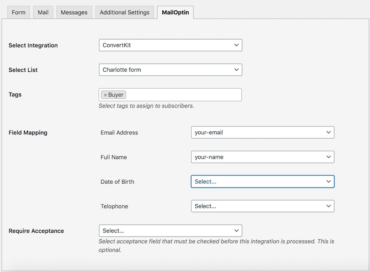 Is there a way to add/customise fields in ConvertKit plugin for Wordpress (Contactform7 integration)?