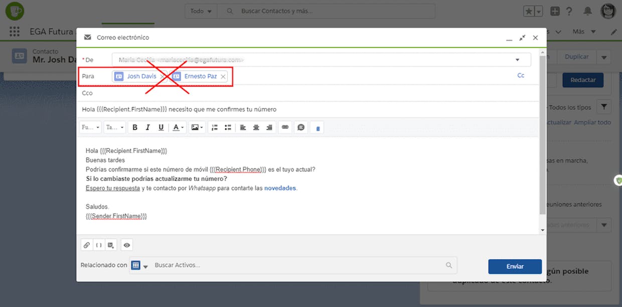 Por que cuando quiero enviar una plantilla de correo electrónico a más de un contacto no me reemplaza los campos?