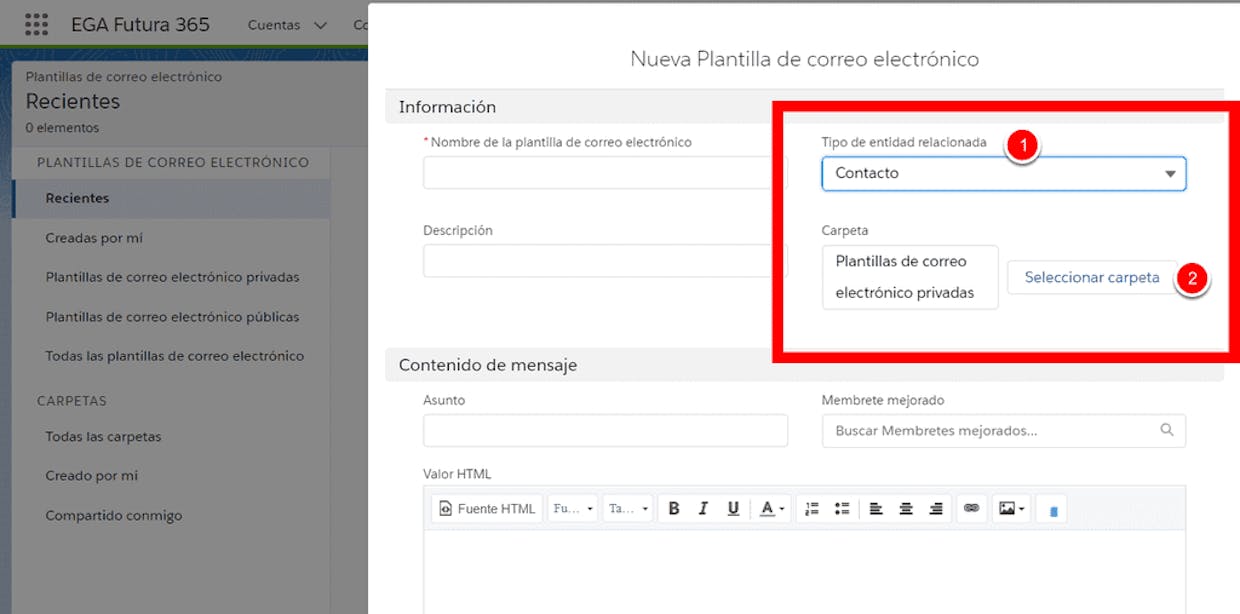 He creado una plantilla de correo electrónico, pero no la tengo disponible al hacer un envío masivo de mail a través de Correo electrónico de lista: Como lo soluciono?