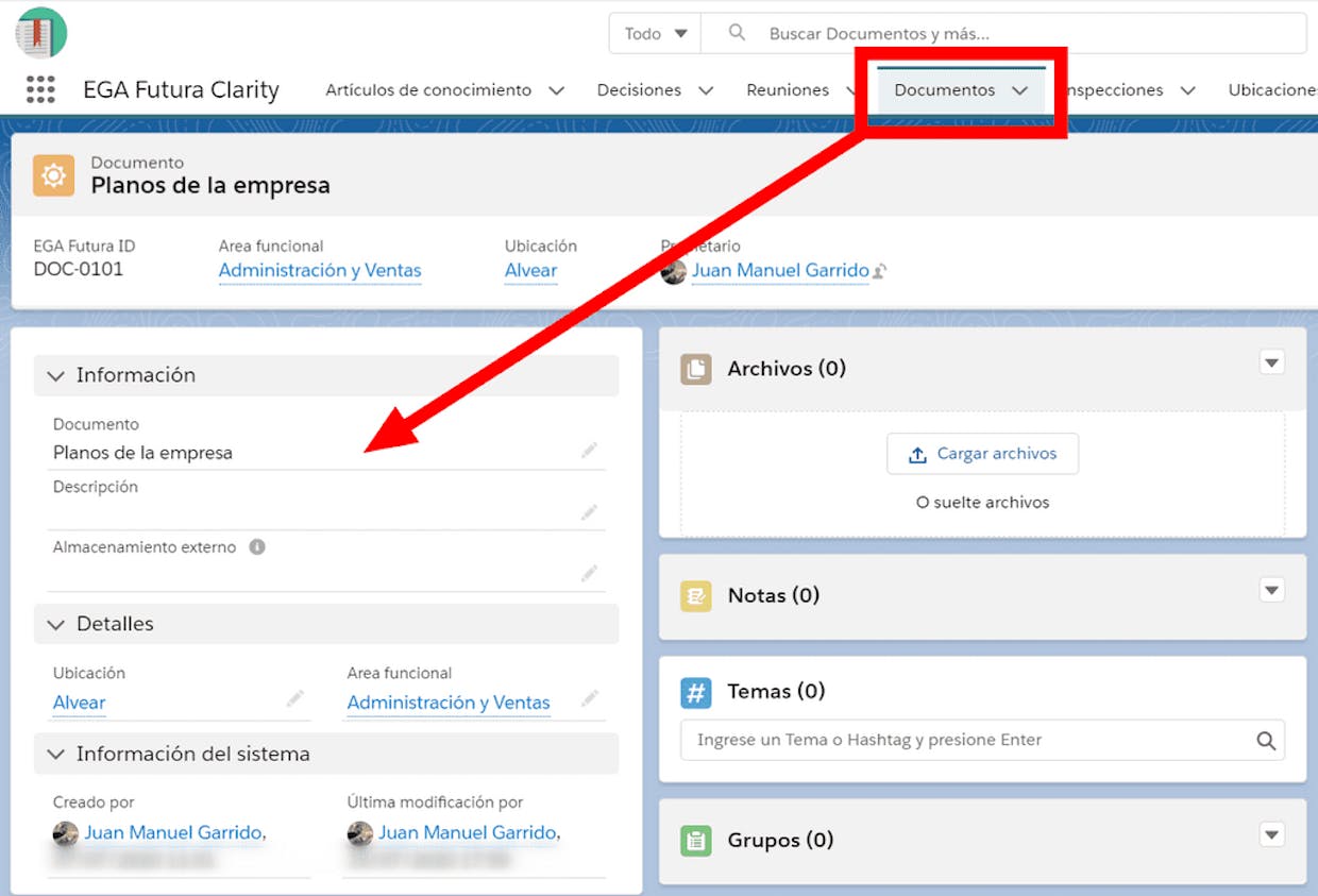 Cuál es la funcionalidad del objeto Documentos de EGA Futura?