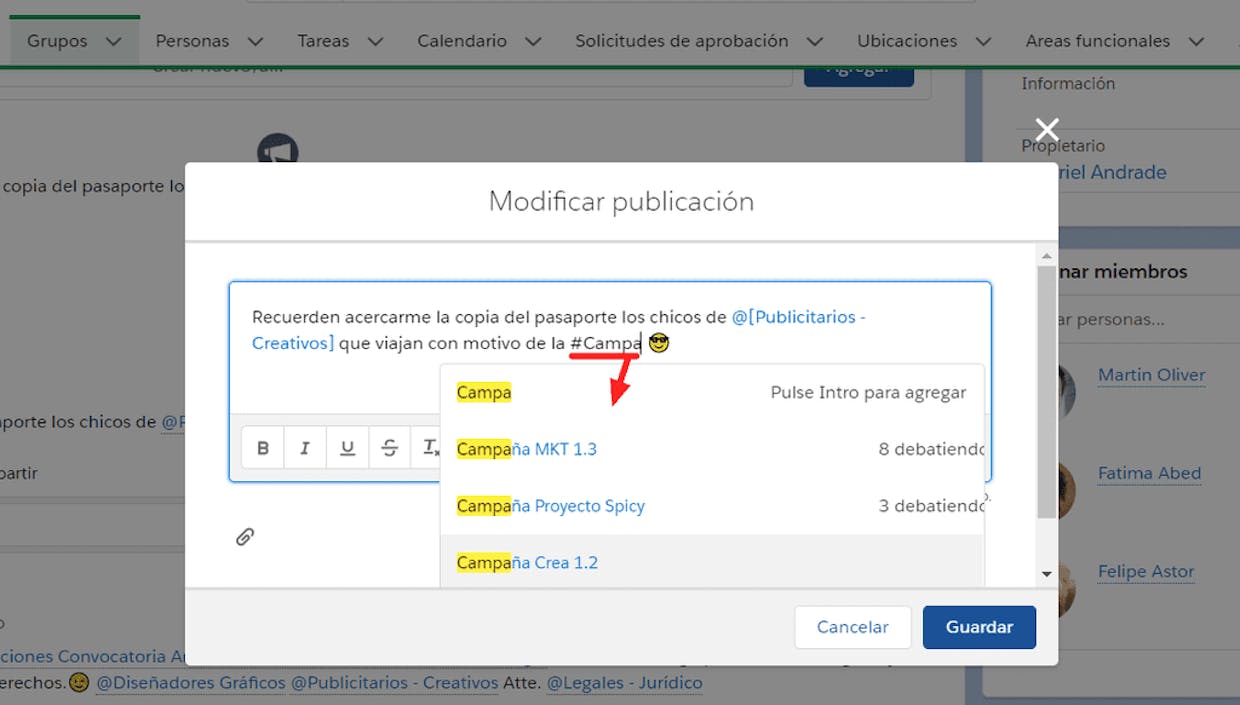 Como agregar un tema (#Tema) en un anuncio de Chatter?