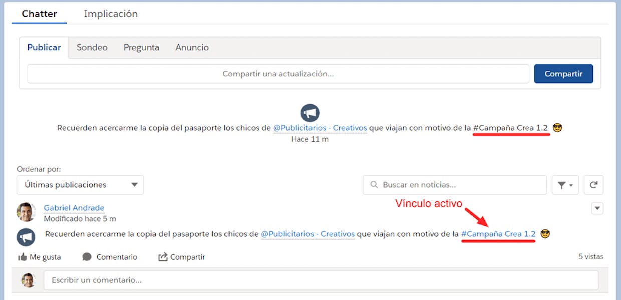Como agregar un tema (#Tema) en un anuncio de Chatter?