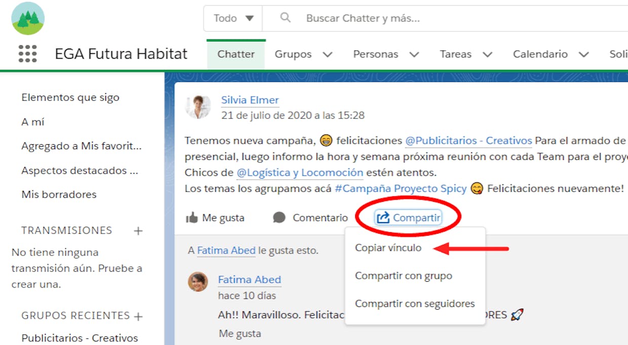 Como compartir un link o vínculo directo a una publicación de Chatter?