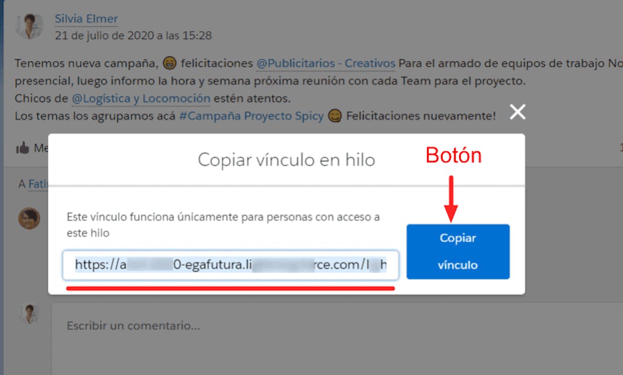 Como compartir un link o vínculo directo a una publicación de Chatter?