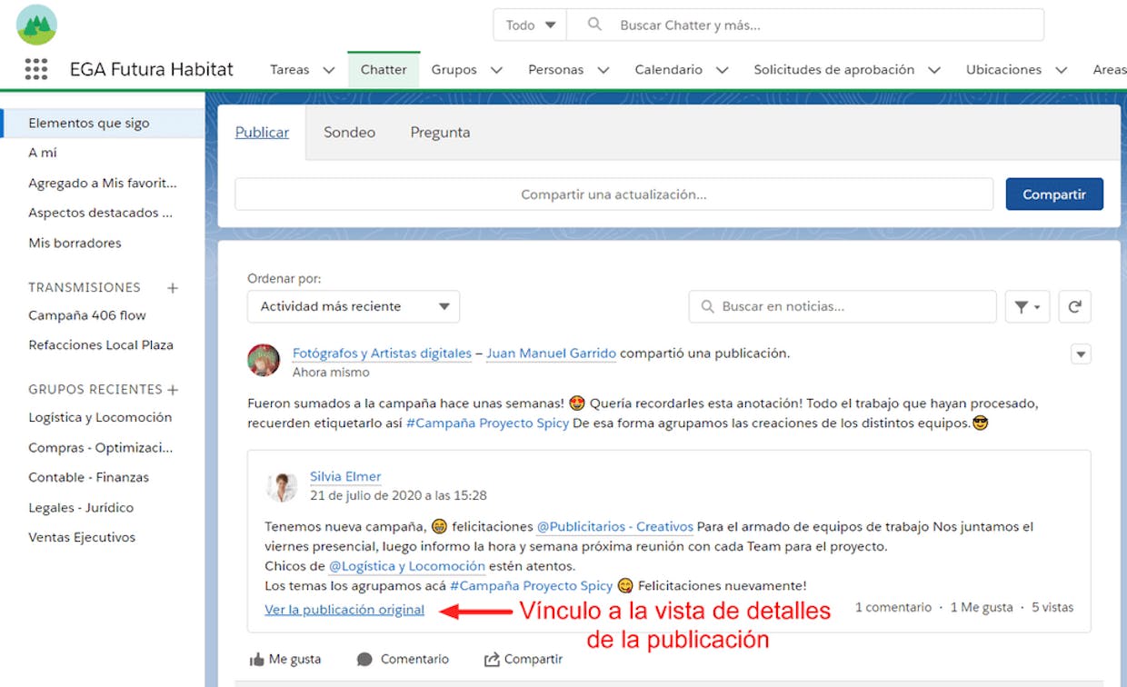 Como compartir un link o vínculo directo a una publicación de Chatter?