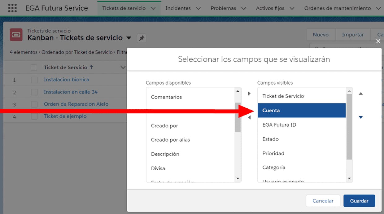 Como hago para que en la vista Kanban de Tickets de servicio me aparezca el nombre del cliente (la cuenta) como muestra la imagen?