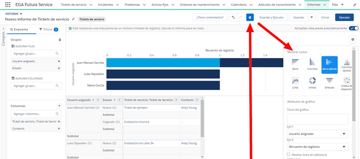 Quiero crear un grafico de la cantidad de Tickets de servicio cerrados por usuario por mes. Logro hacerlo y pongo agrupar por usuario asignado pero en ningún lado me pone el mes en cuestión. Como lo puedo hacer?