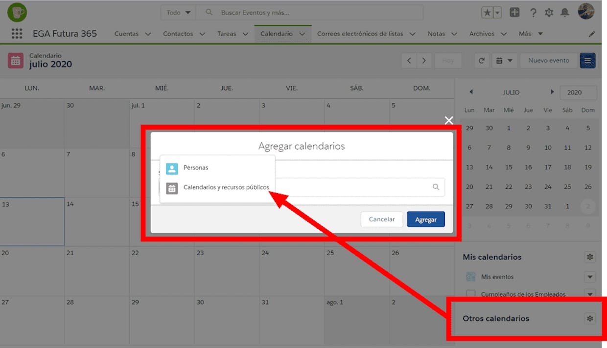 Como se hace para importar el calendario de eventos de otro usuario en el celular en la aplicacion movil de EGA Futura?