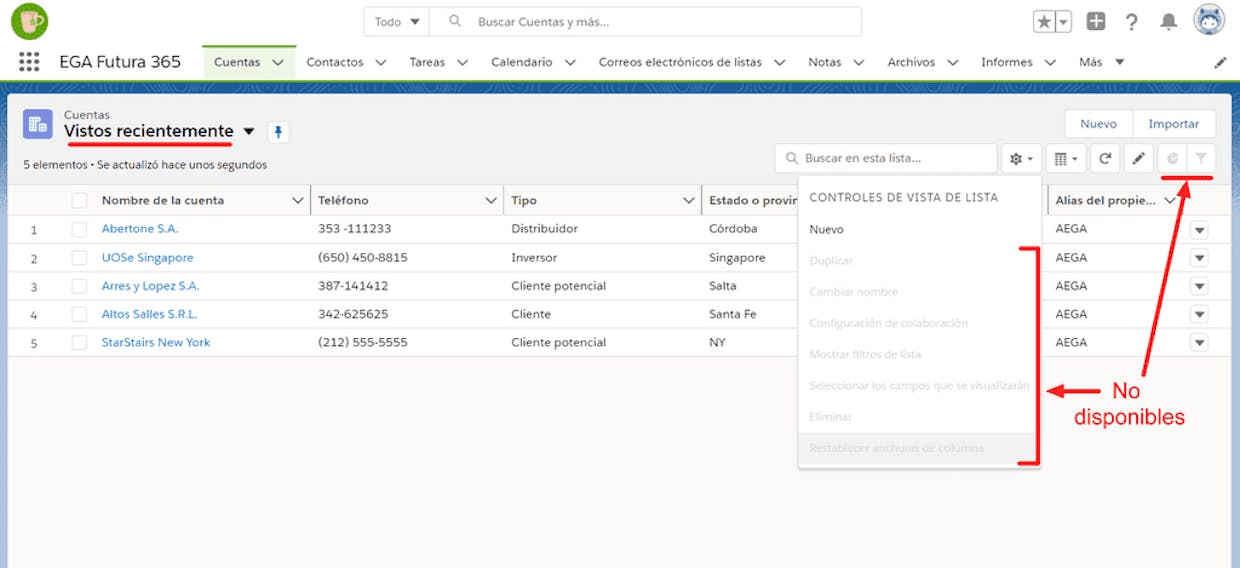 La lista rápida de registros Vistos recientemente tiene funcionalidad limitada