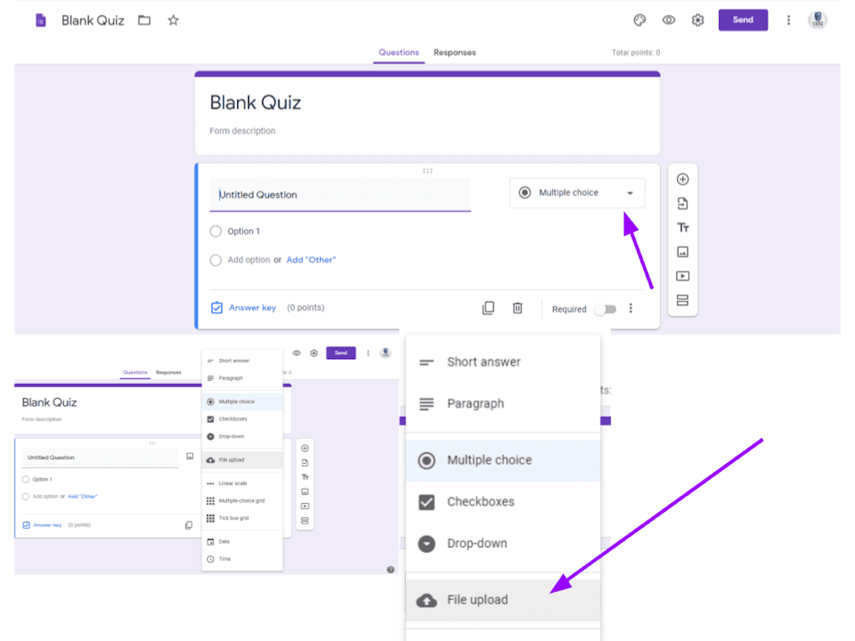 Una vez que abras Google Forms, seleccionas la opción "File upload" y te aparece un mensaje que es necesario que los alumnos respondan a tu formulario desde su cuenta para que tengan acceso a su Drive y desde ahí puedan subir su respuesta. Espero te sirva.