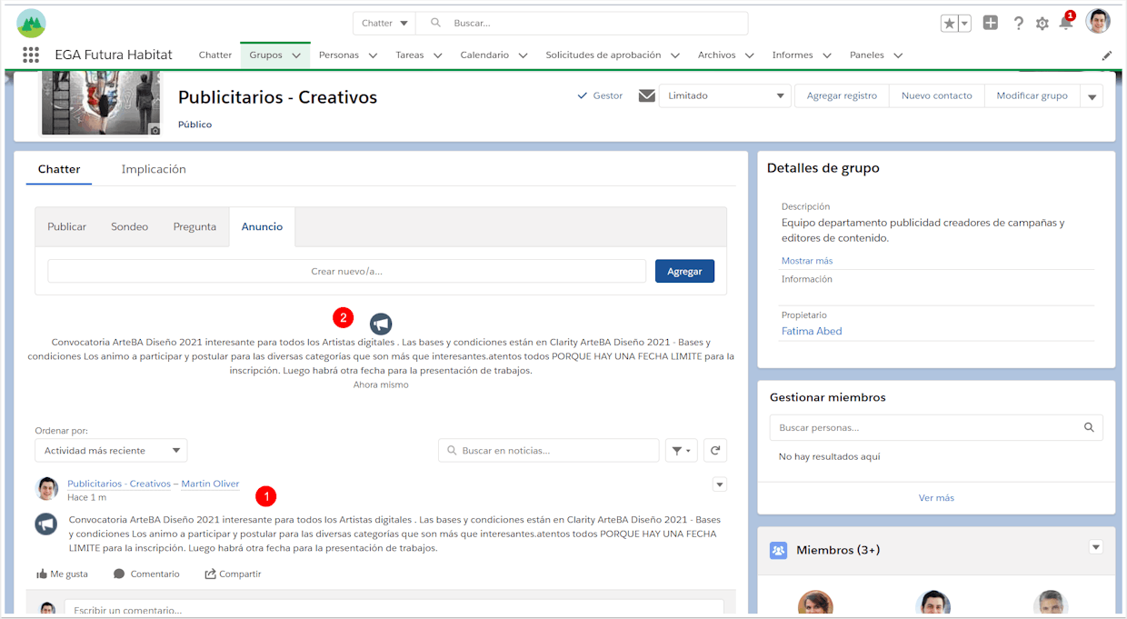 La publicación de un anuncio se establece en dos ubicaciones. En el encabezado del grupo y en noticias en tiempo real